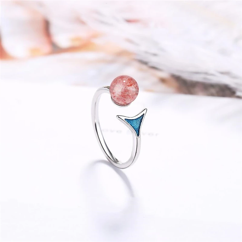 

Sole Memory Cool Strawberry Crystal Blue Fishtail Sweet Cute Silver Color Female Resizable Opening Rings SRI391