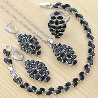 925 sterling silver jewelry set for women black cubic zirconia punk bracelet pendant chain earrings ring