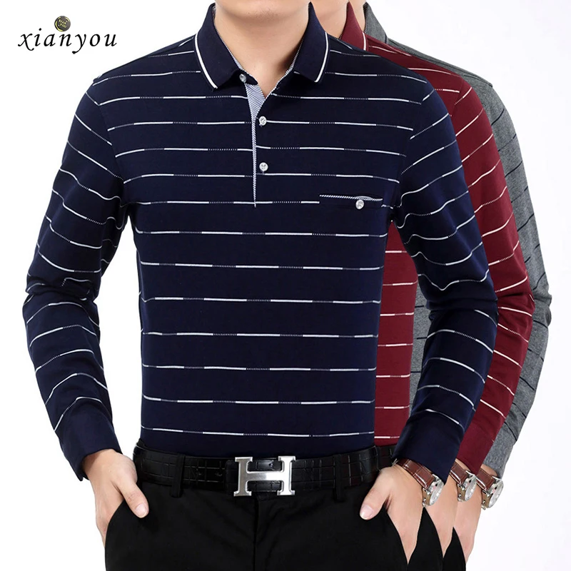 

Xian you polos men poloShirt Autumn Shirt long sleeve mens Polo shirt Casual fashion Tees print Pure cotton loose stripe 882