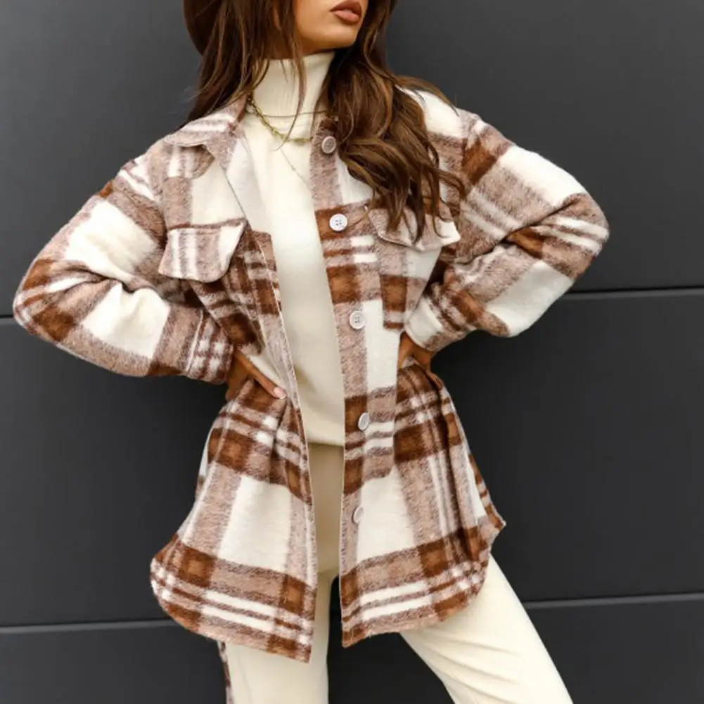 

Women Coat Temperament Plaid Pockets Belt Coat Outwear Single Breasted Coat