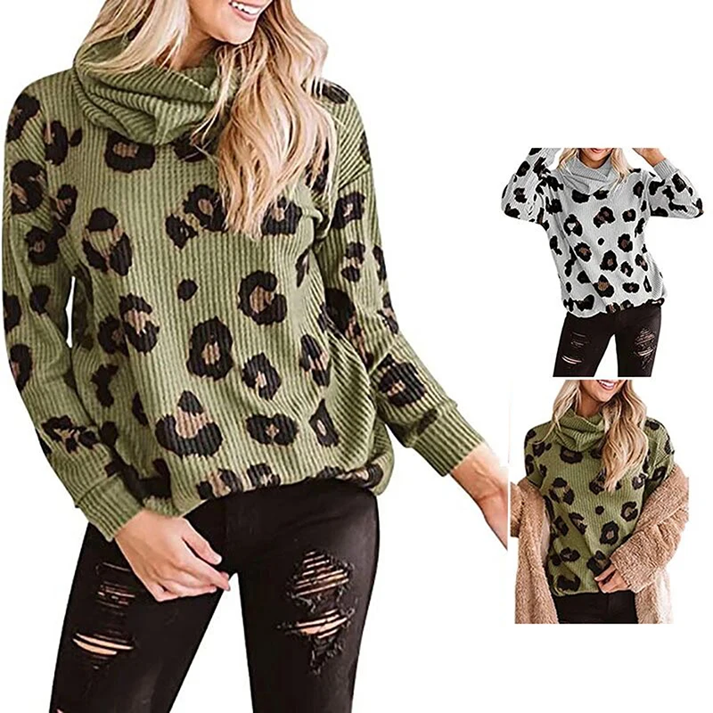 

Women High Neck Pullover Sweatershirt Casual Leopard Elastic Knitted Jumper Female Knitwear Long Sleeve Cashmere Warm Jumper Top