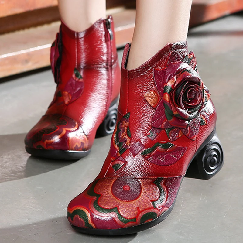 

Женские ботильоны из натуральной воловьей кожи, Красные Теплые ботинки на высоком каблуке с цветочным принтом, ботинки ручной работы в стил...