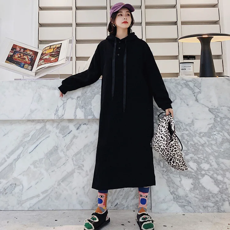 [EWQ] одноцветная длинная свободная толстовка с пряжкой на пуговицах 2019 осень зима