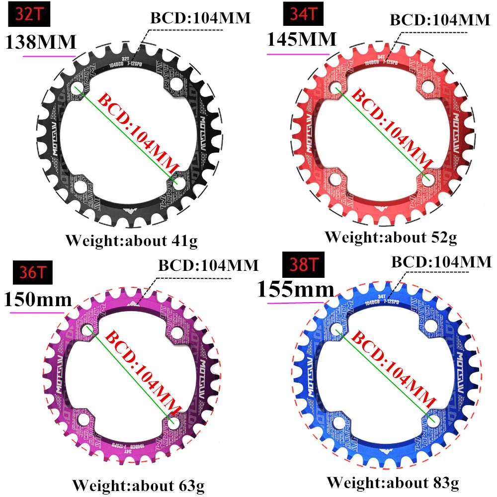 

MOTSUV 104BCD Chainwheel Round Narrow Wide Chainring MTB Mountain Bike Bicycle 32T 34T 36T 38T Bicycle Crankset Tooth Plate Part