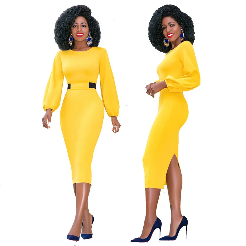 Женское облегающее платье с круглым вырезом и длинным рукавом офисное