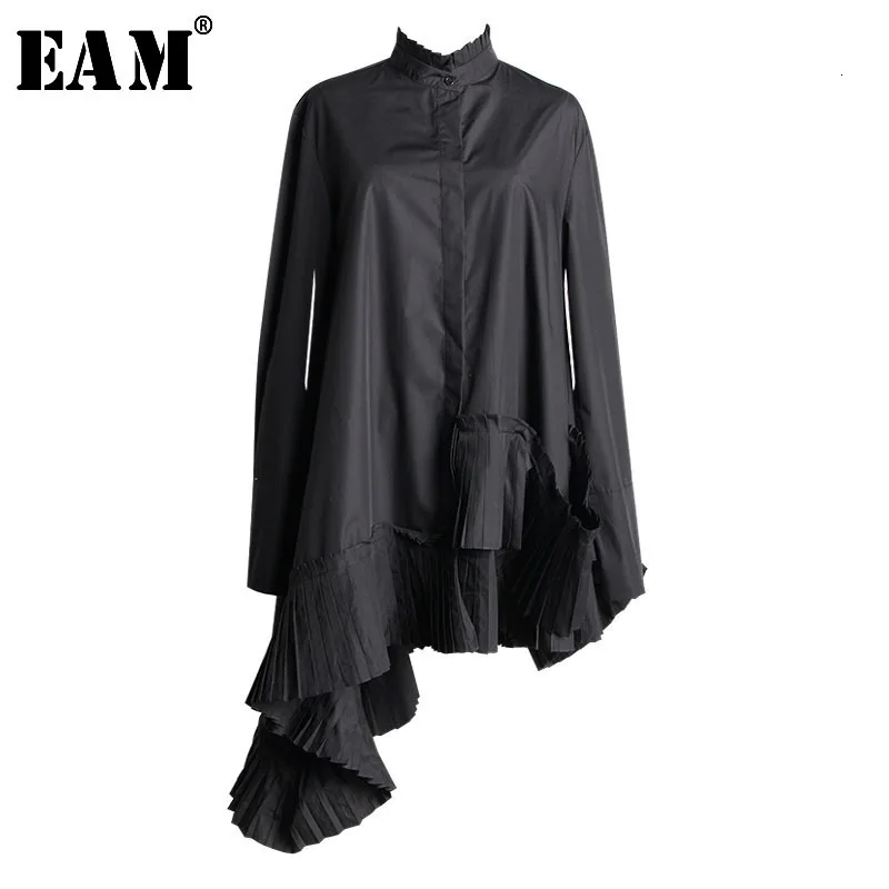 [EAM]2021 Новинка Весна воротник стойка длинный рукав черный подол асимметричные