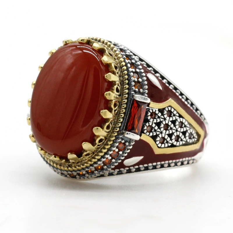 

Natural Red Agate Stone 925 Silver Men's Ring Handmade Turkish Jewelry Vintage King Crown CZ Enamel Rings for Women Male Gift