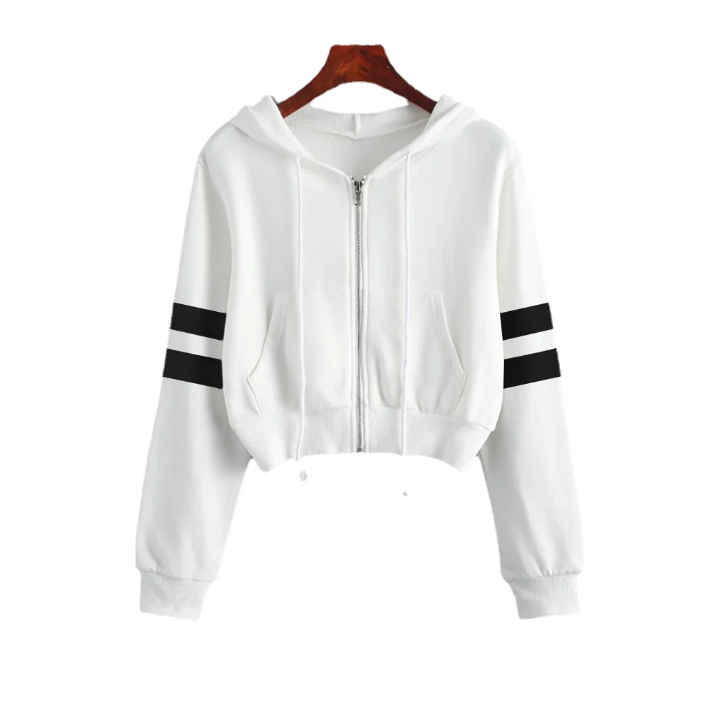 

2021 New Sweater Ladies Solid Color Short Zipper Long Sleeve Parallel Bars Hooded Sweater