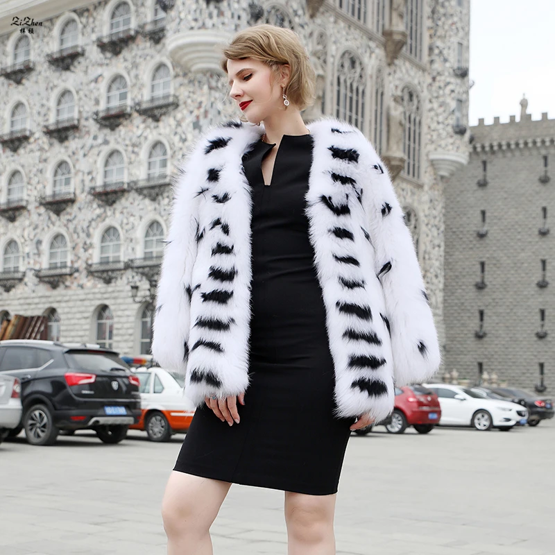 

ZiZhen Real Fox Fur O-Neck Jacket Luxury Knitted Striped&Dot Female Overcoat Winter Warm 190729-1
