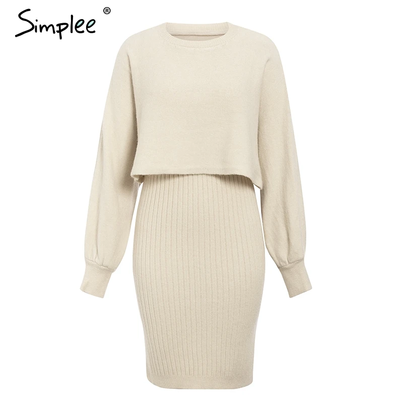 Long Beige Simplee элегантный 2 шт. женское трикотажное платье, тонкое, без рукавов, платье-свитер, Осень-зима, Женский пуловер, свитер комплект с платьем - Цвет: Long Beige