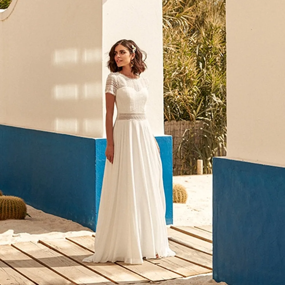 

Elegant Simple Wedding Dresses 2021 Lace O-Neck Short Sleeve Button Train A-Line Robe De Mariage Chiffon Bridal Gown Custom Made