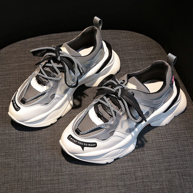 

2021 New Platform Sneakers Round Toe Spring Women's Chunky Shoes Lace Up Black Female Trainers Dad Shoes Tenis Feminino