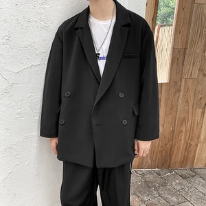 2019 весенне-осеннее Новое мужское пальто-рубашка свободный Модный повседневный однотонный костюм с длинными рукавами хакичерный M-2XL