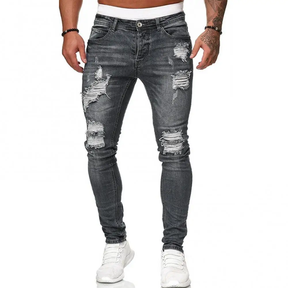 

Новые мужские стильные рваные джинсы, джинсовые брюки с карманами и пуговицами, облегающие длинные брюки