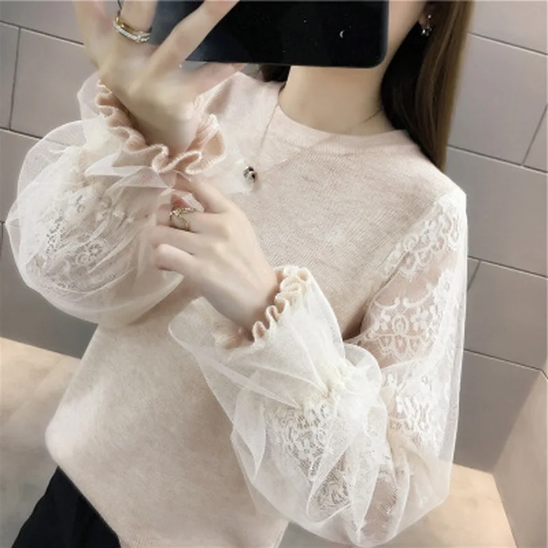 

Fashion Sweater Spring Autumn O Neck Lace Patchwork Pullover Women Elegant Solid Long Sleeve Sweaters Women