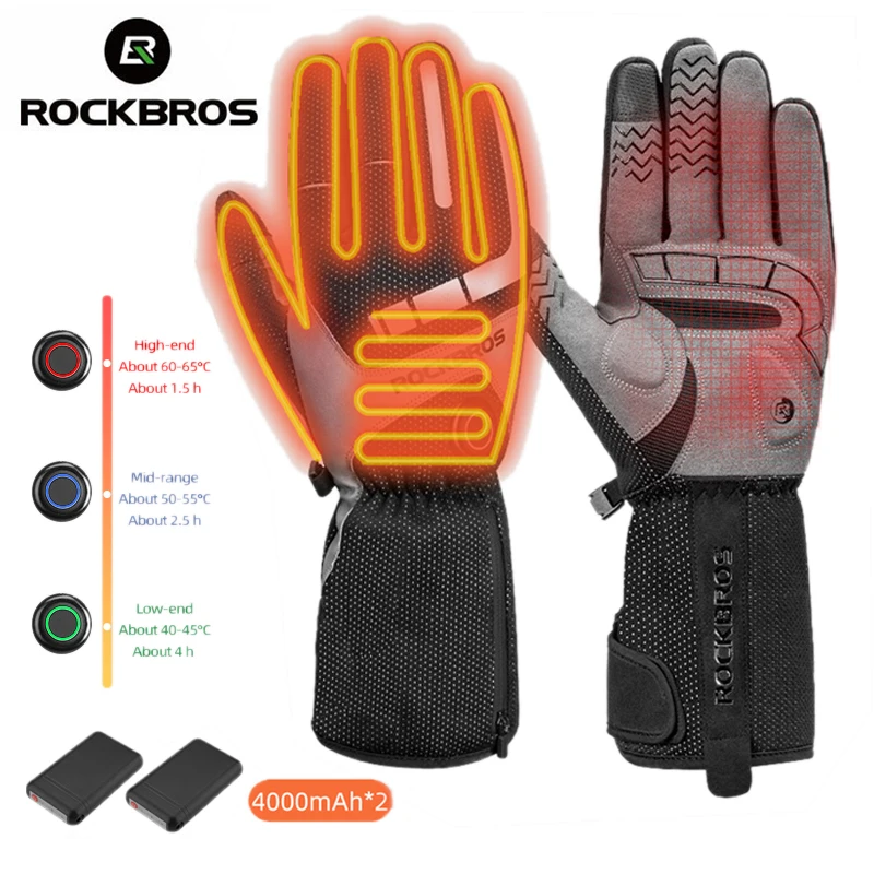 

ROCKBROS Heated Gloves Battery Powered Winter Thermal Motorcycle Heating Gloves Riding Waterproof Guantes Para Moto Touch Screen
