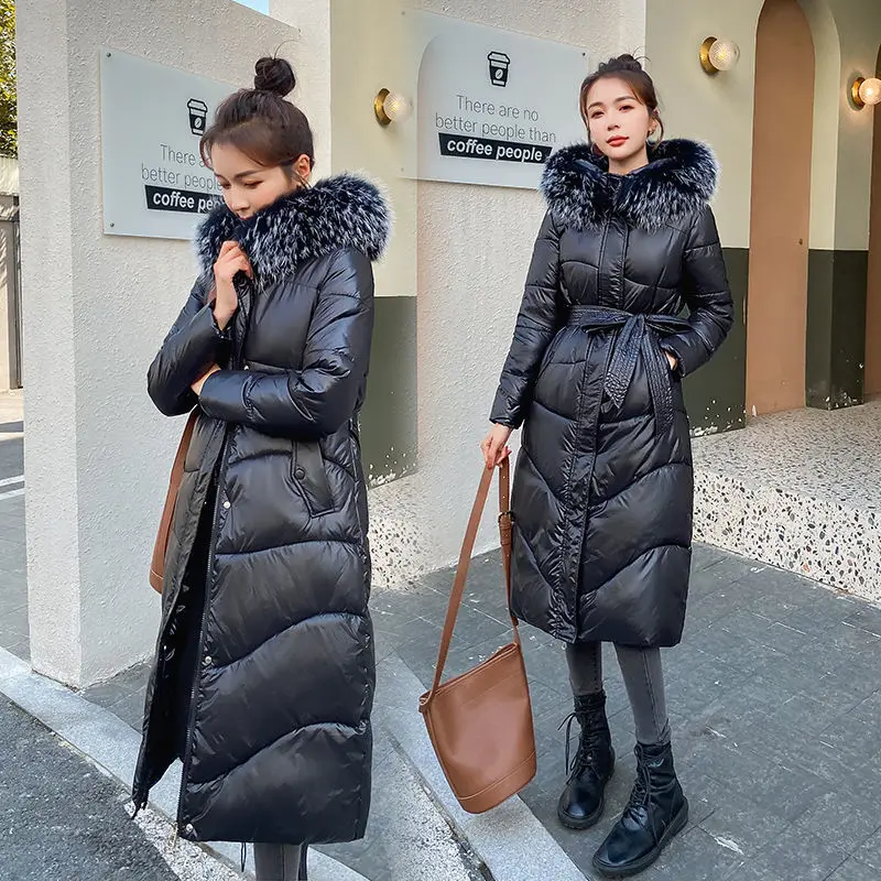 

2021 Winter New Cotton -Padded Coat Women 's Mid-Length Slim Fit Slimming Padded down Jacket Women over the Knee Large Fur Colla