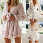 Женское платье Лето 2021; Модная пикантная обувь с треугольным вырезом на шее Hollow с длинным рукавом платье пикантные однотонные Цвет лук платье Sukienka Damska