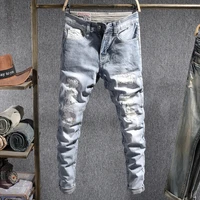 european american street fashion men jeans retro light blue slim ripped jeans men embroidery designer destroyed hip hop pants