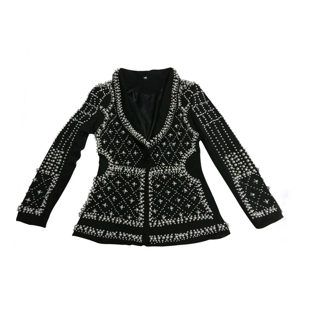 

Blazer Women Jacket Beaded 2020 Autumn Lapel Neck Long Sleeve Outwear Fashion Office Ladies Black Slim Female Blazer