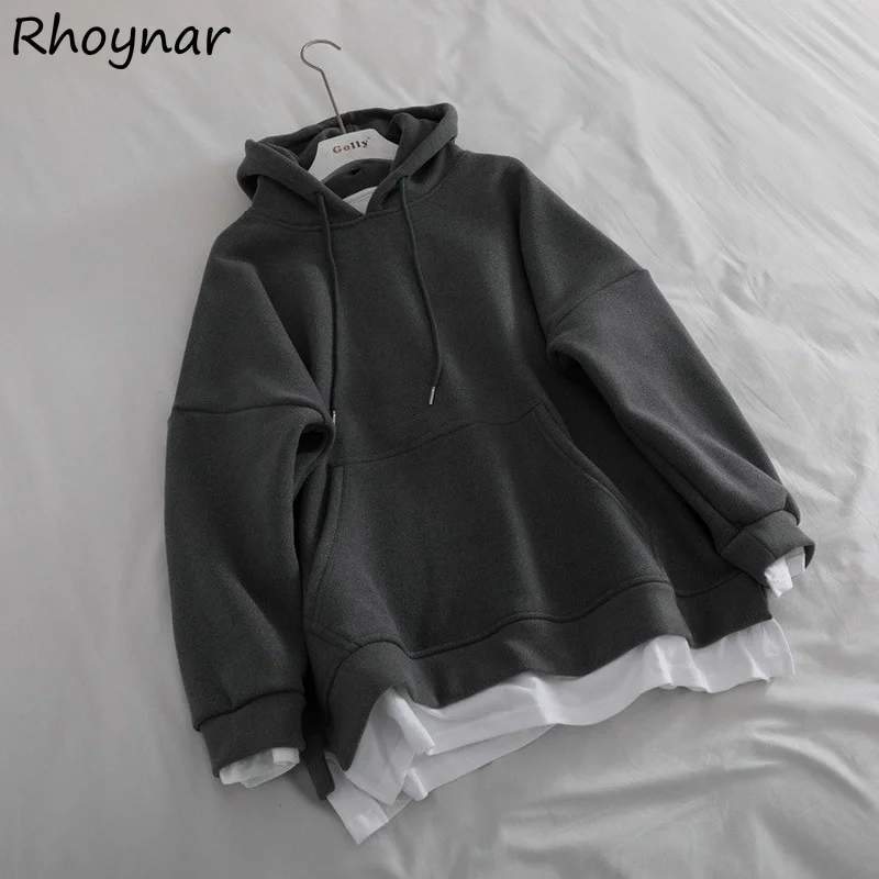 

Hoodies Women Lazy Style Patchwork Students Hooded Popular Teens Ulzzang Minimalist Bf Baggy Cozy Simple Daily All-match Soft