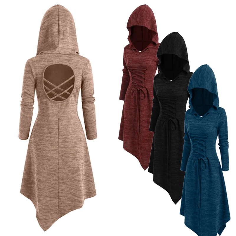 Женский костюм с капюшоном винтажное готическое платье перекрестной спиной |