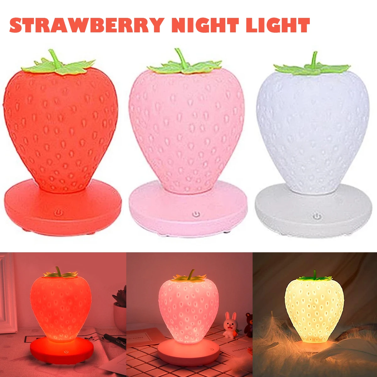 

USB Bedside Lamp For Baby Children Kids Gift Bedroom Decor Touch Rechargeable LED Night Light Silicone Strawberry Nightlight