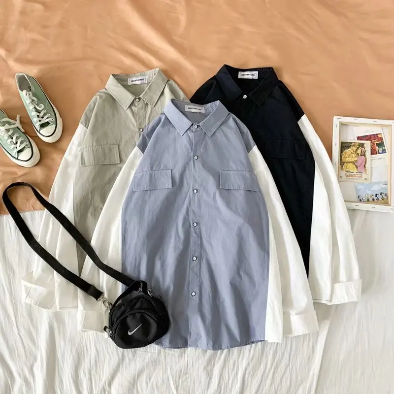 

ins super hot long-sleeved shirt men and women Korean pocket stitching trend wild loose Hong Kong style casual shirt