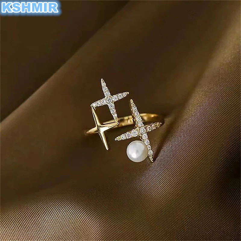

Classic Design Sense Golden Star Shaped Pearl Opening Rings For Woman Korean Fashion Jewelry Wedding Girl's Luxury Accessories