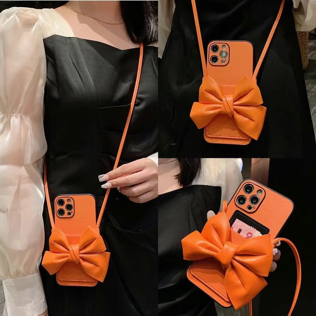 

New For Girl iPhone13 Pro Max Luxury Card One Shoulder Lanyard Bowknot Orange Phone Case Apple 11 12 IX XR XsMax 7 8 Plus Cover