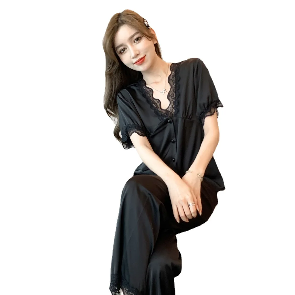 Short Sleeve Trousers Pajamas Women's Summer Ice Thin Korean Version 2021 New Spring Summer 2Pcs Set Home Wear Sleepwear