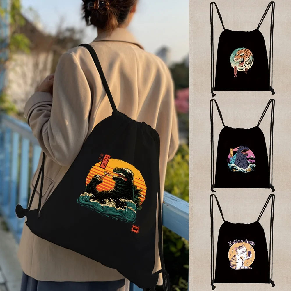 

Women Gym Bag Canvas Drawstring Backpack,teenager Sports Bags Japan Cat Print Shoulder Shopper Tote Chest Bags Fashion Backpacks