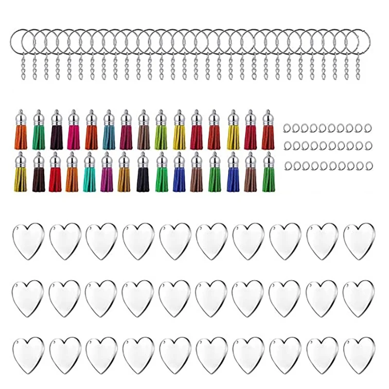

120Pcs Acrylic Transparent Heart Discs Blank Keychains and Tassel Pendant Keyring for DIY Project and Crafts