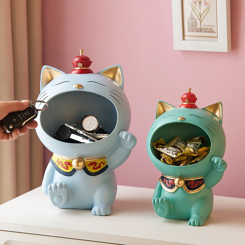 

Nordic Style Home Decor Creative Resin Sculpture Crafts Lucky Cat Model Ornaments Porch Key Storage Box Snack Fruit Shelf Gifts