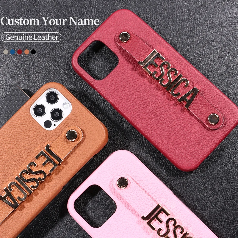

Custom Case Real Leather Cover Coque cowhide Metal Letters Name For iPhone 11 Pro X XR XS Max 7 8 6 6s Plus SE 2 2020 12 Mini