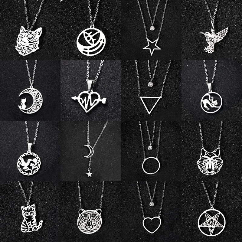 

Multiple Stainless Steel Necklaces for Women Girl Fashion Geometric Moon Star Flower Necklace Design Animal Jewelry bijoux Gift