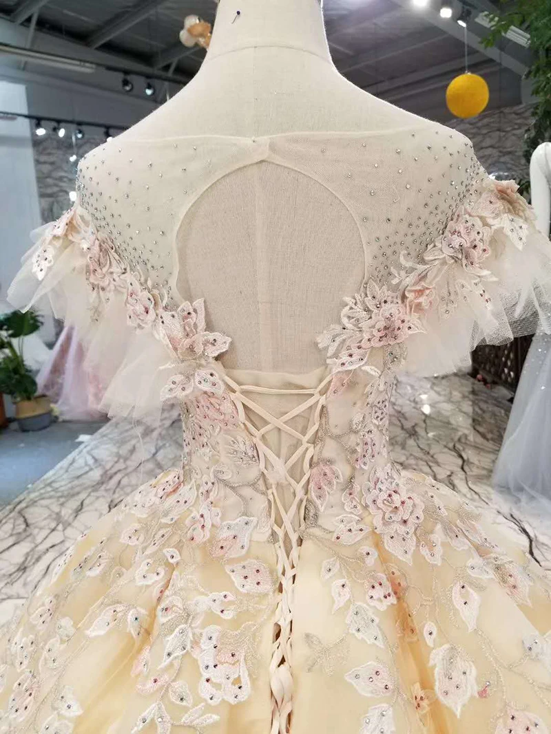 

BGW 22525ht Champagne Evening Dress Long O Neck Puffy Short Sleeve Prom Dresses Open Back Ball Party Dresses Pleat Brush Train