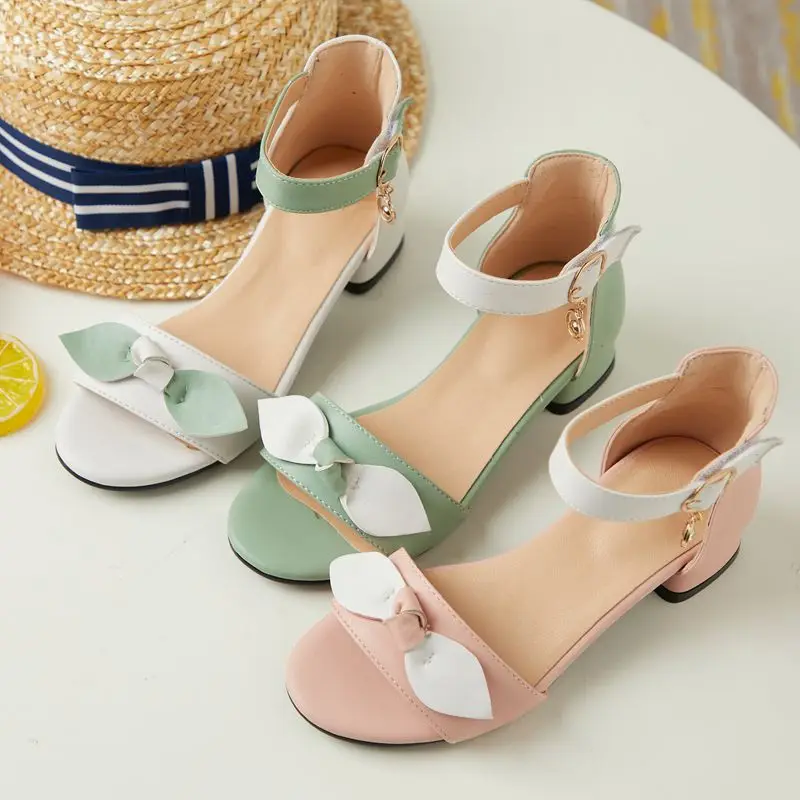 

COOLULU Cute Sandals for Girls Low Block Heel Ankle Strap Ladies Shoes Summer Sandals Open Toe Bow Tie Sandals Size 32-39