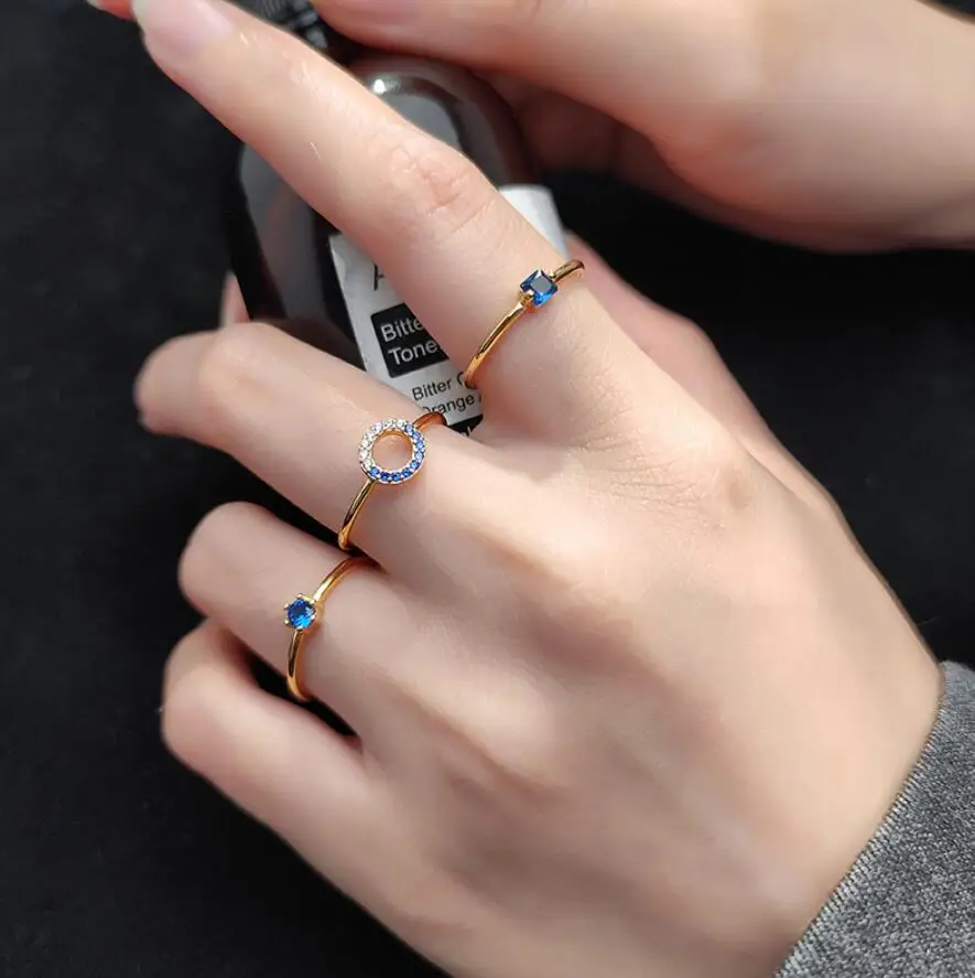 

Minimalist 925 Sterling Silver Geometry Round Square Dazzling Blue CZ Ring Set For Women S925 Ring Jewelry Gift DA966