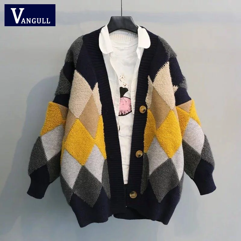 Vangull в клетку кардиган Свитер В стиле пэчворк Открытые длинный вязаный женский
