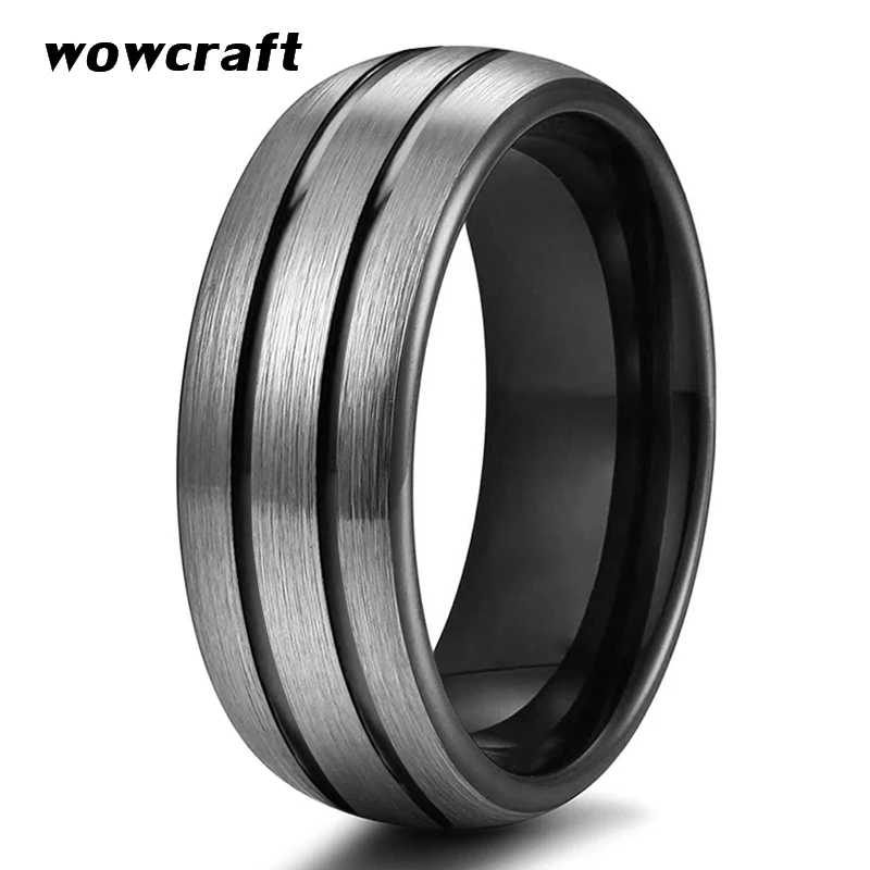 

8mm Black Brushed Tungsten Rings for Men Women Wedding Bands Double Grooved Polished and Matte Finish