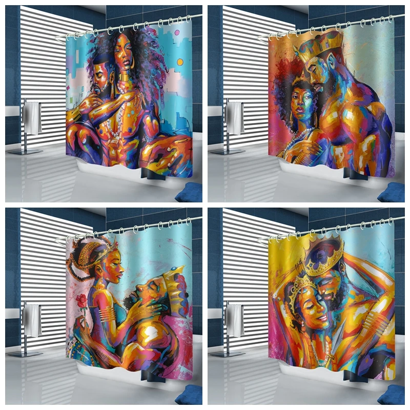 

African American Men Women Bathroom Durable Waterproof Fabric Shower Curtains Toilet Cover Mat Non-Slip Bath Rug