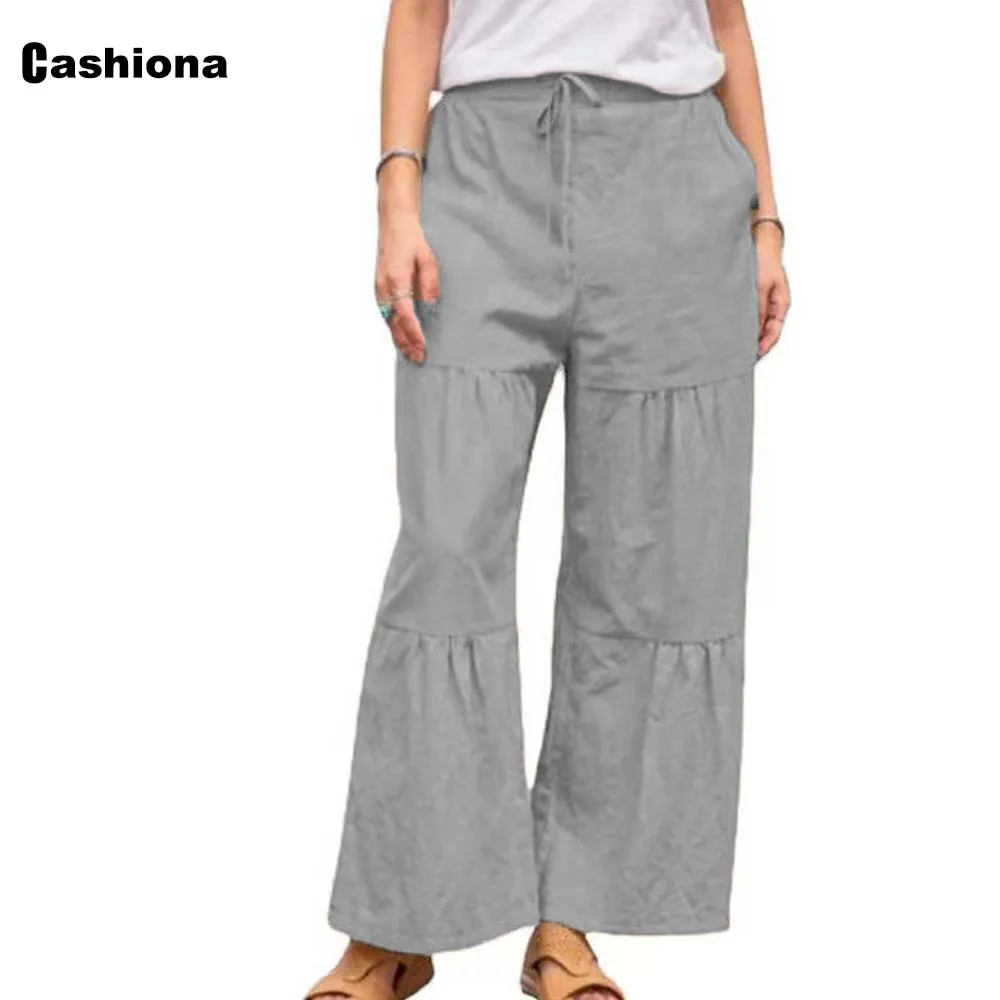 Plus size 4xl 5xl Cotton Linen Pants Women's Ankle-Length Trouser Casual Drawstring Pantalon Gray Khaki Female Wide Leg Pants