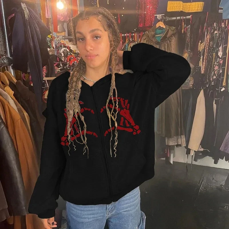 

Women hiphop punk streetwear hoodies jacket Bone gesture print zipper Hood clothes sweatshirt top vintage cardigan size harajuku