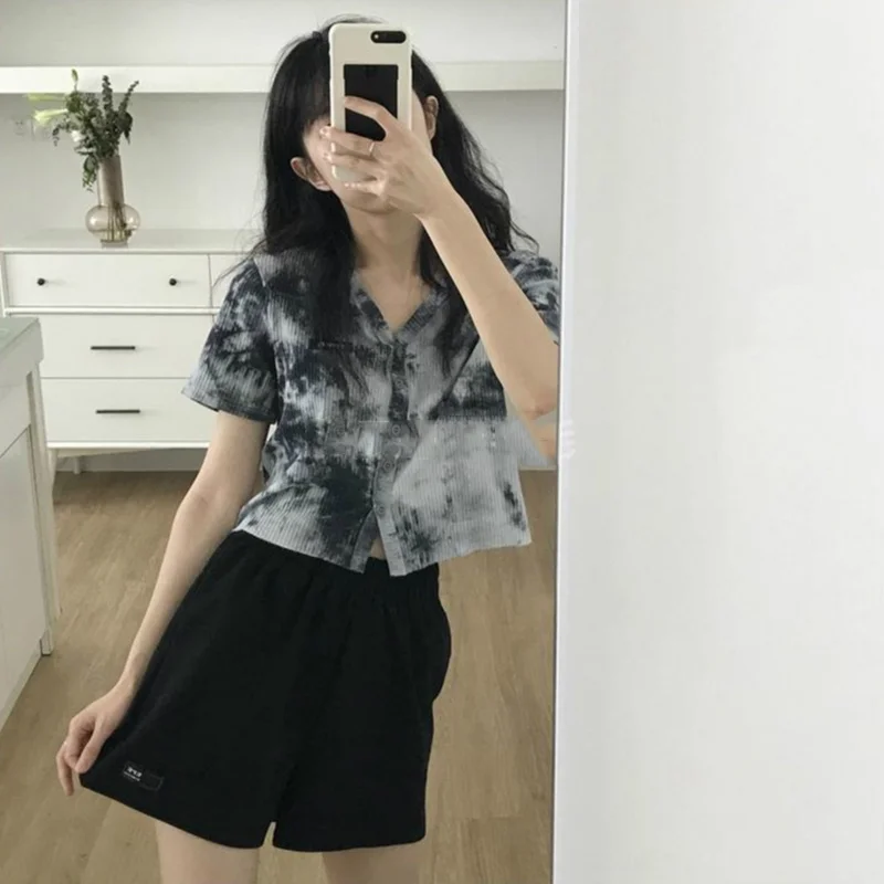 Short Sleeve T-shirts Women Tie Dye Vintage Crop Tops Korean Style Design Single Breasted Streetwear Casual Trendy Hip Hop New | Женская