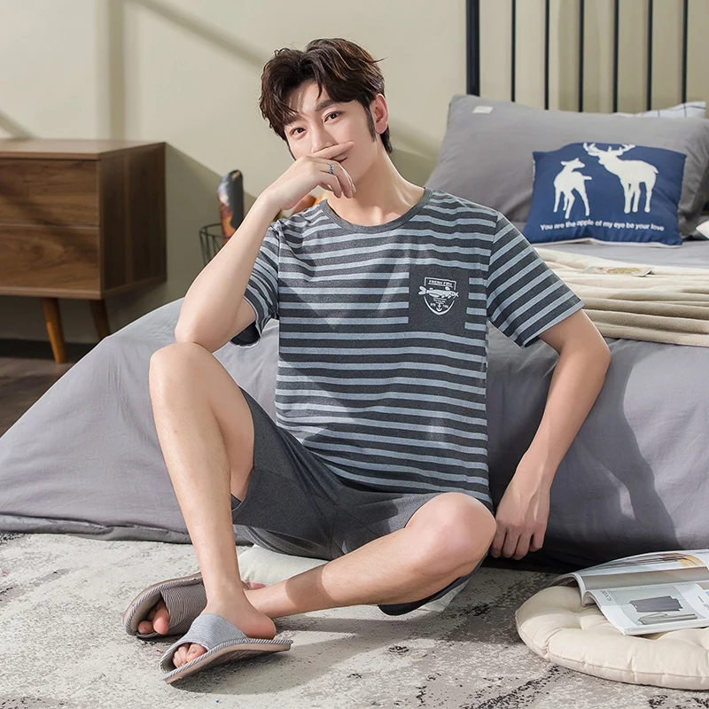 

2021 Summer Short Sleeve Cotton Pajama Sets for Men Korean Casual Striped Sleepwear Pyjama Male Homewear Loungewear Home Clothes