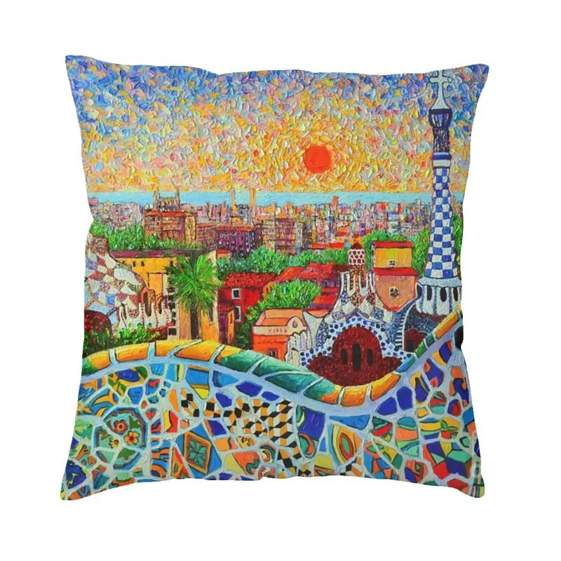 

Spain City Barcelona View At Sunrise Park Guell Of Gaudi Pillowcover Home Decorative Oil Painting Art Cushion Cover Pillow Case