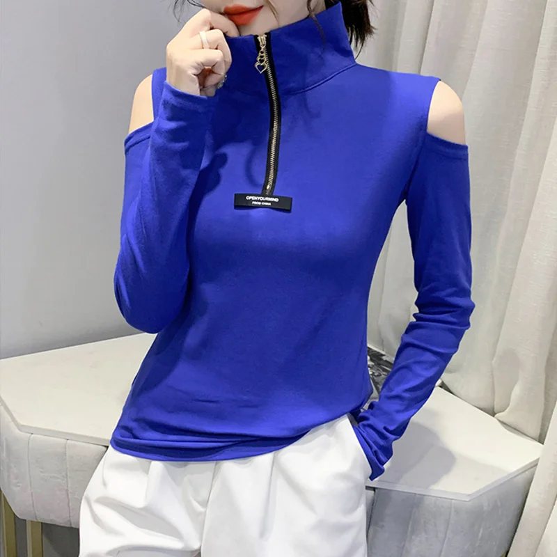 

#8908 Black Blue Striped Off Shoulder T Shirt Women Turn-down Collar Zipper Cotton Casual Womens Tee Shirts Sexy T-shirt Slim