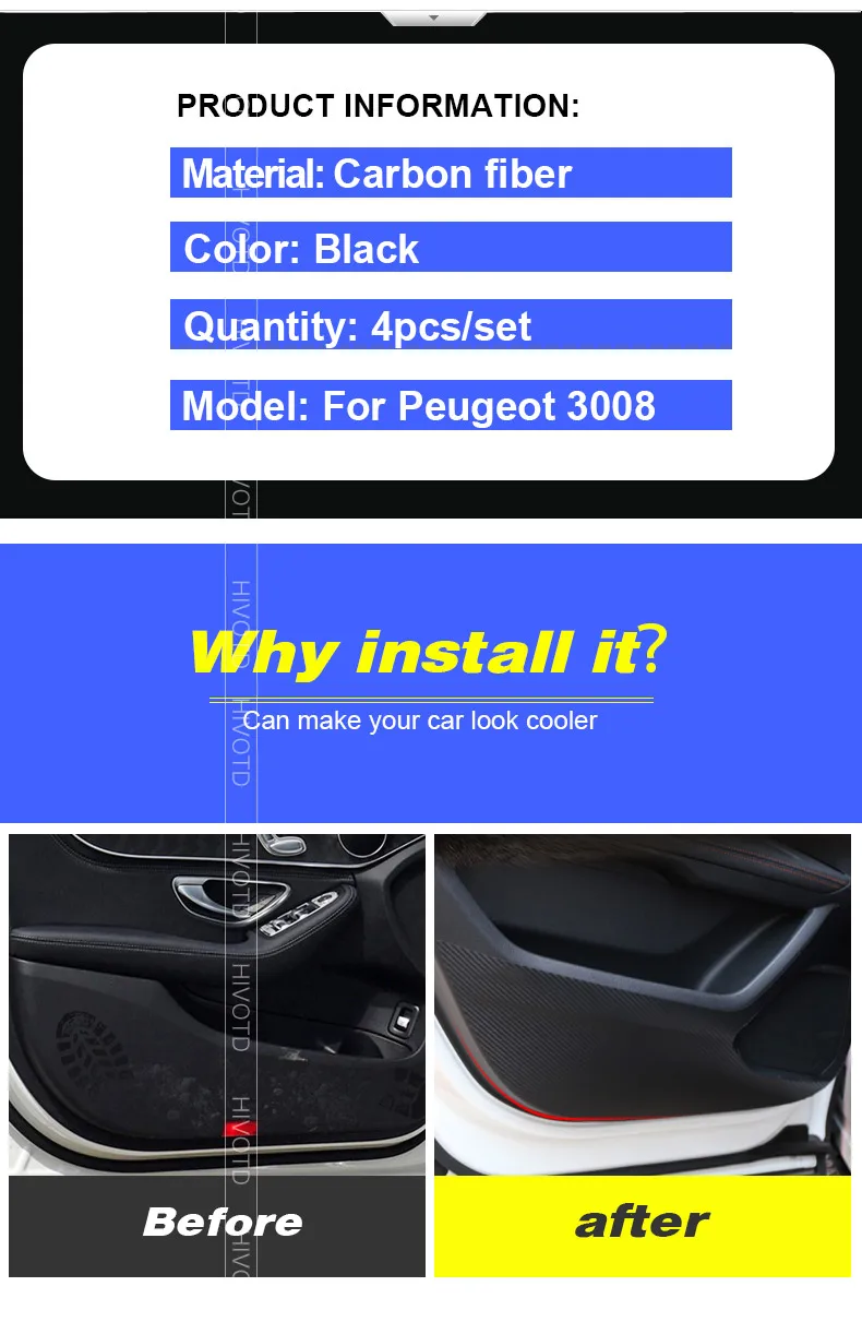 Для peugeot 3008 GT аксессуары для двери автомобиля анти Kick Pad стикер углеродное волокно внутренняя защита двери боковой край пленка