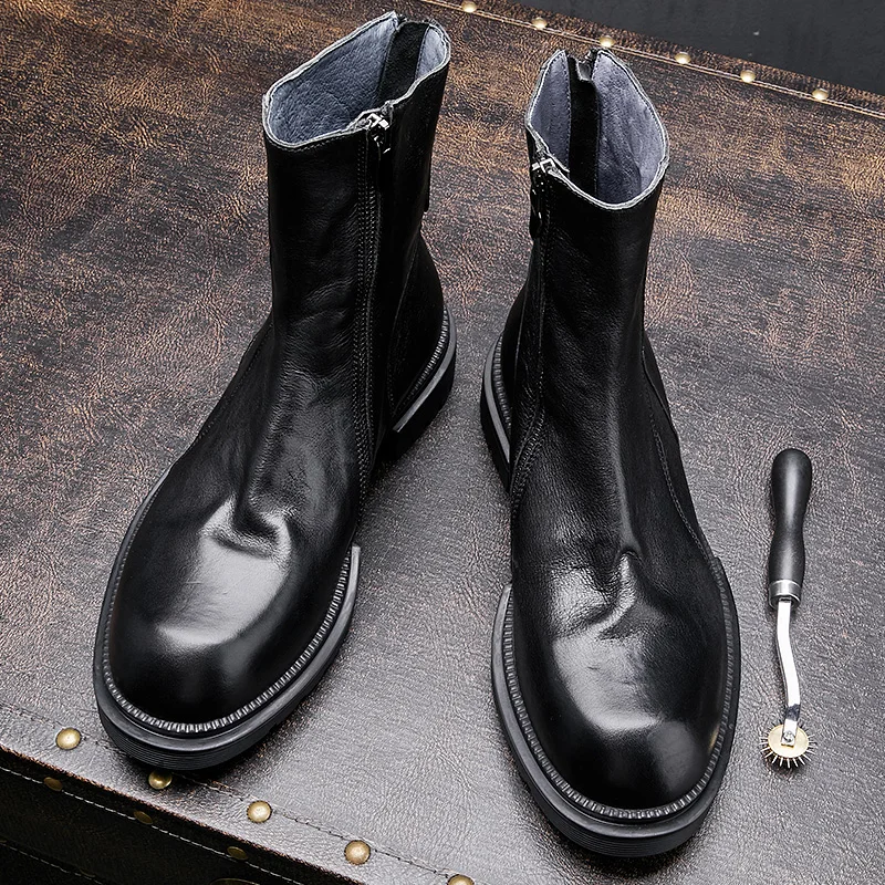 

Recommand ! Soft Full Grain Leather High End Mid-calf Boots Men Trend Military Black Cool Boots Winter Trendy Shoes Boy's Gift
